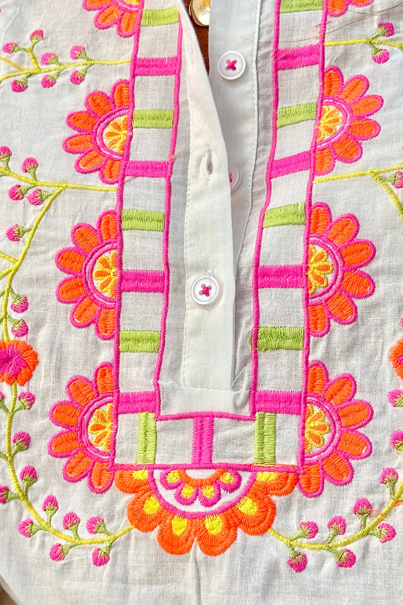 White Embroidered Half Placket Boho Blouse
