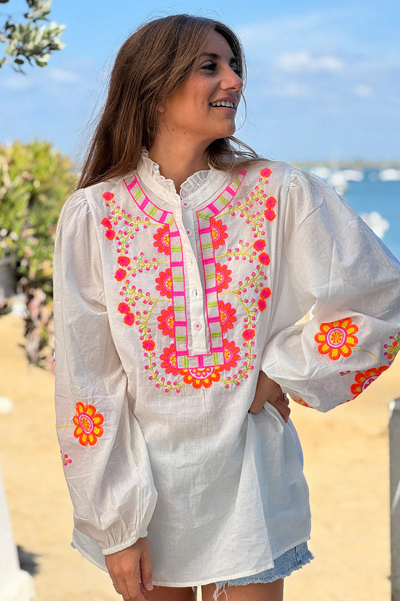 White Embroidered Half Placket Boho Blouse