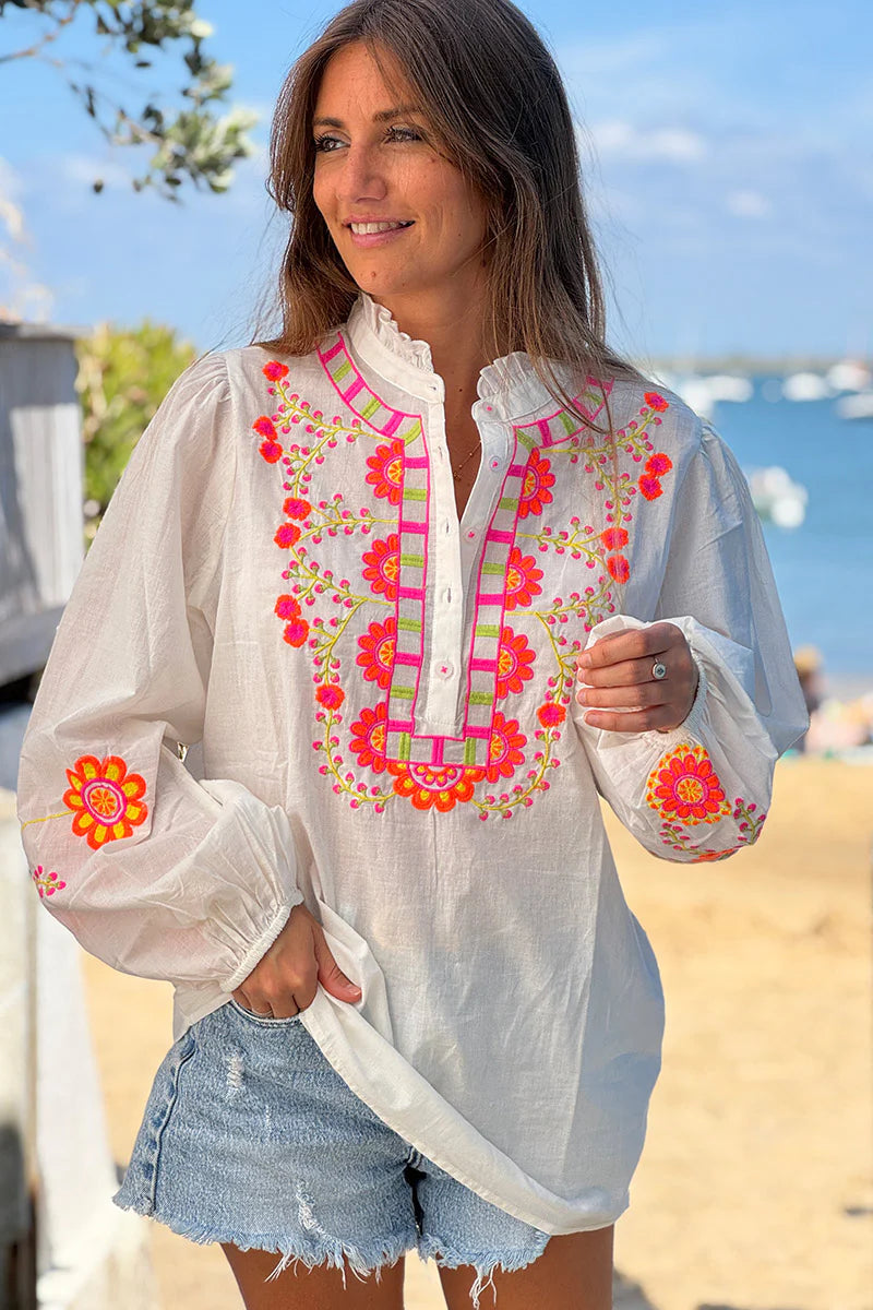 White Embroidered Half Placket Boho Blouse