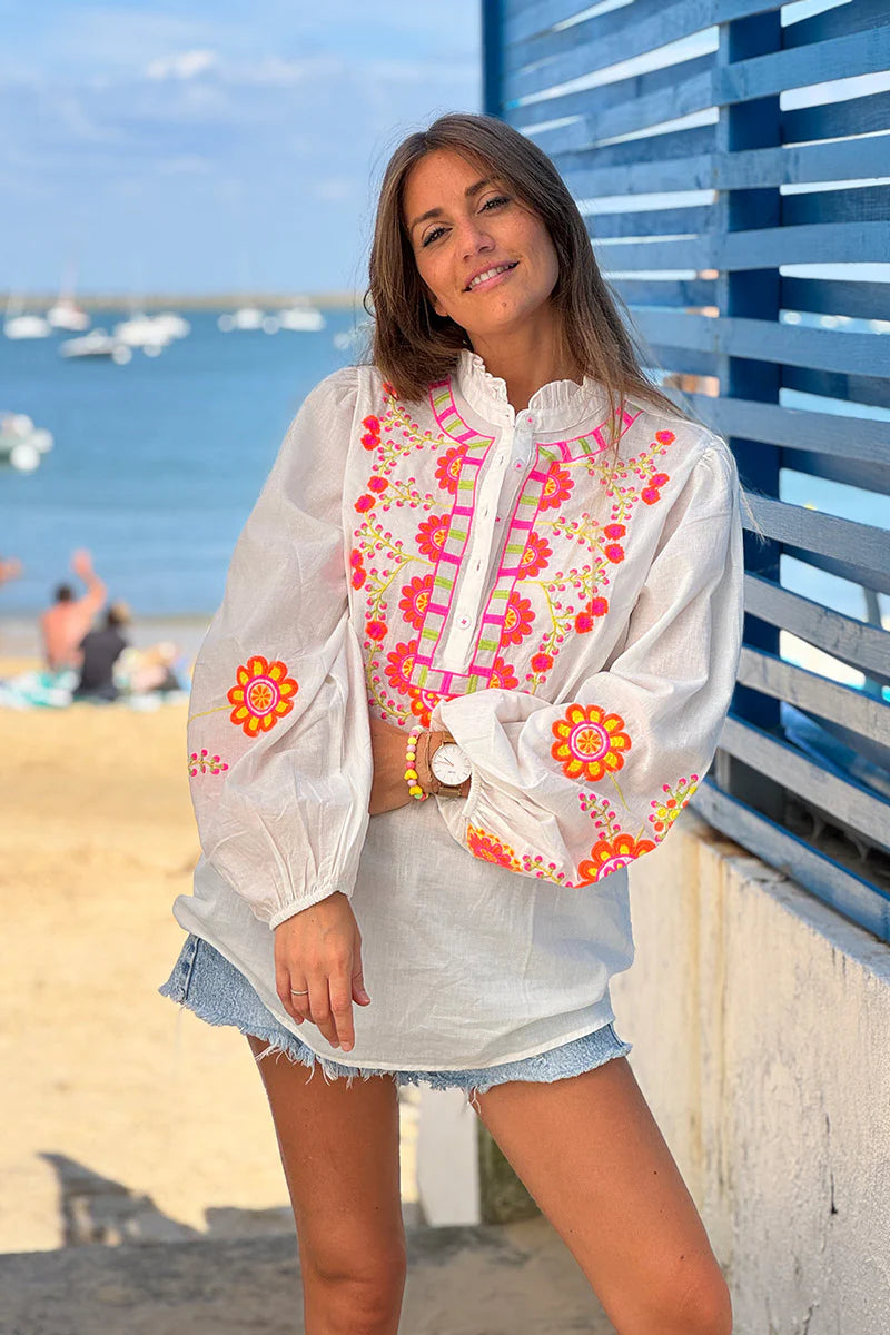White Embroidered Half Placket Boho Blouse