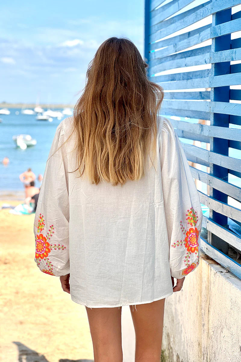 White Embroidered Half Placket Boho Blouse