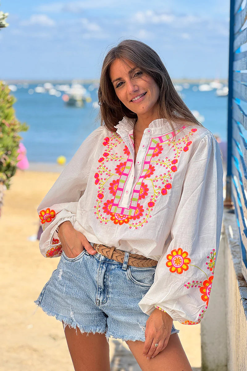 White Embroidered Half Placket Boho Blouse