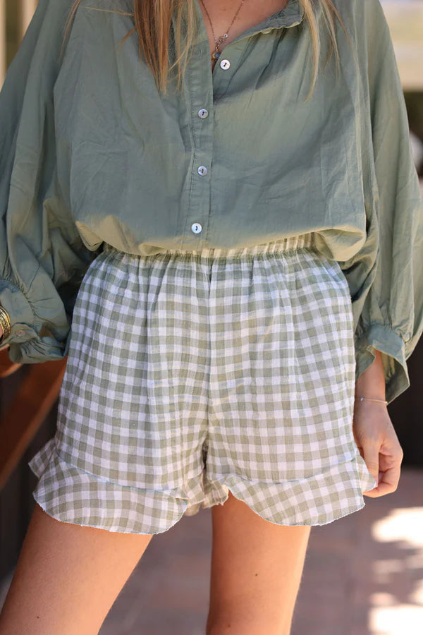 White frill cotton gauze short with Olive vichy print