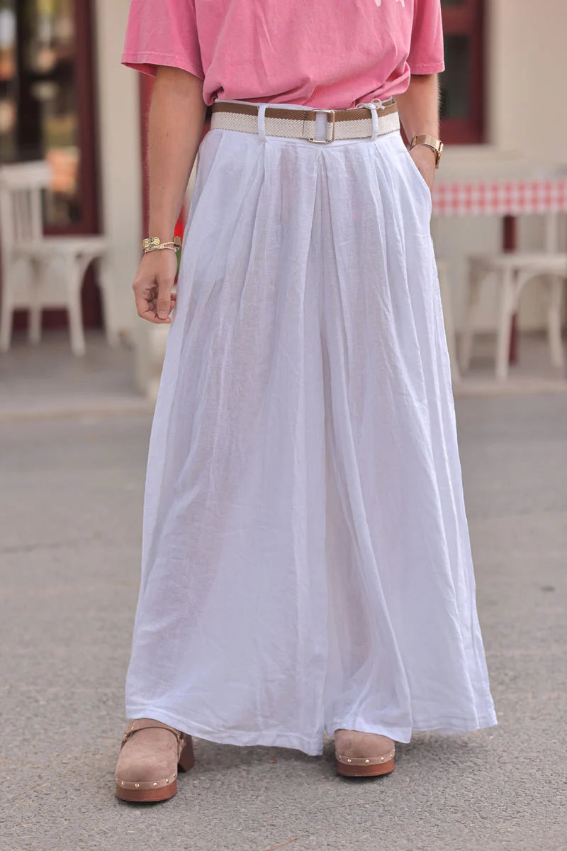 White Gauze Belted Ultra Wide-Leg Pants