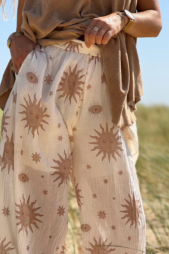White Gauze Golden Suns Pull-On Pants