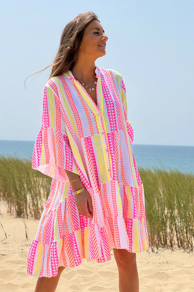 White Gauze Neon Stripe Tunic Dress
