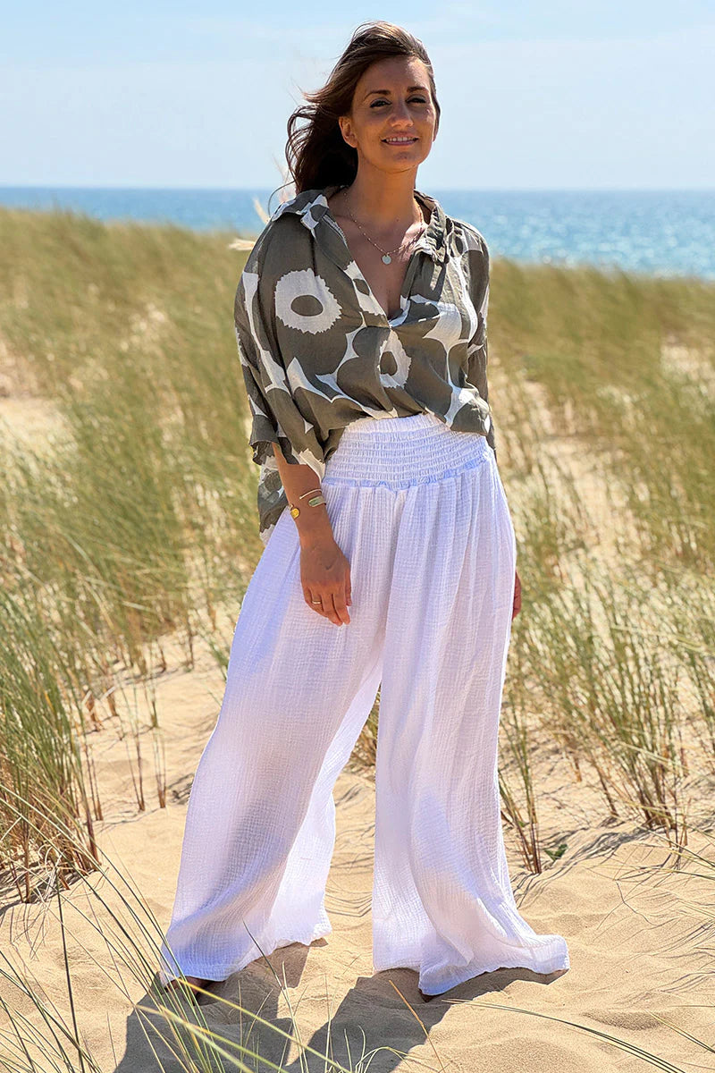 White Gauze Wide-Leg Pants