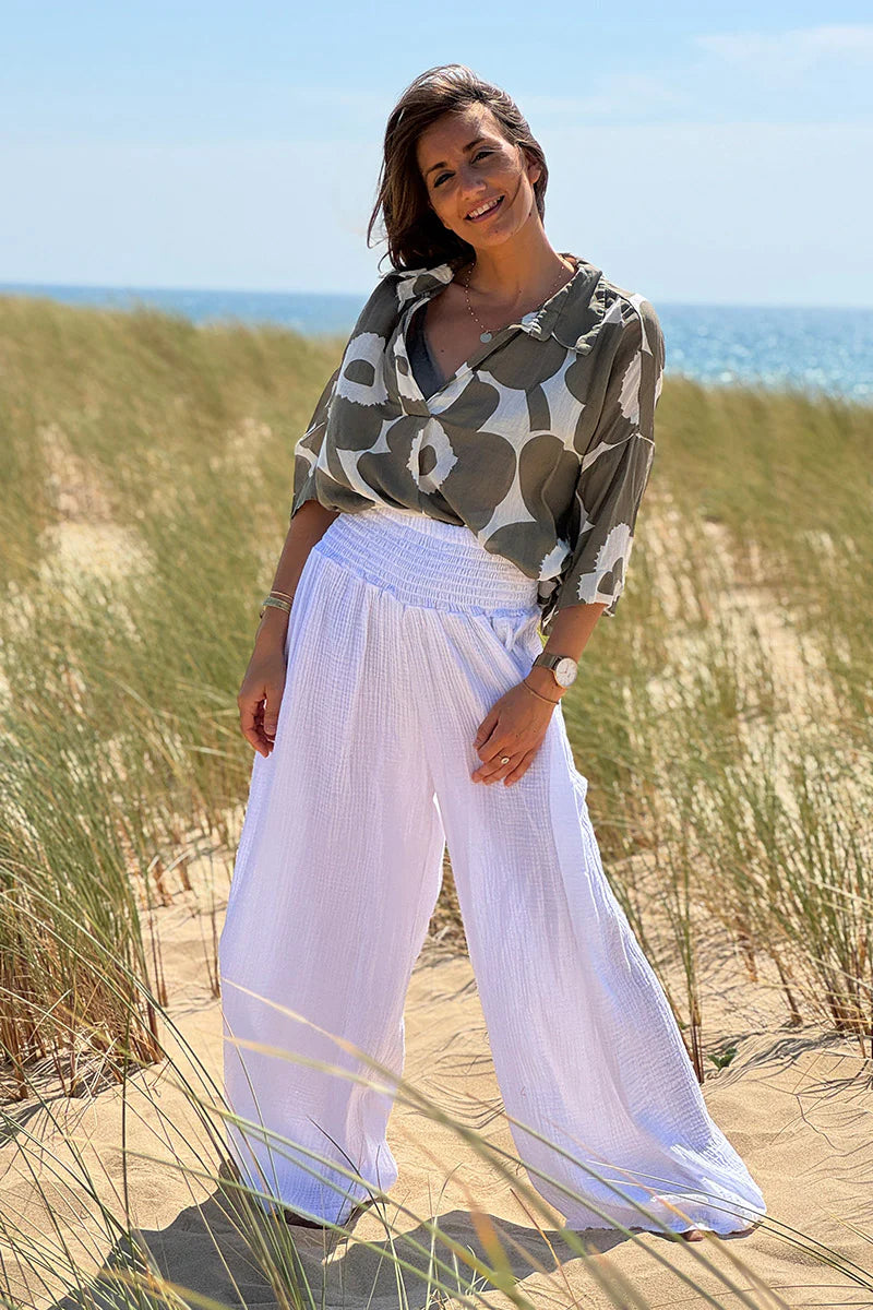 White Gauze Wide-Leg Pants