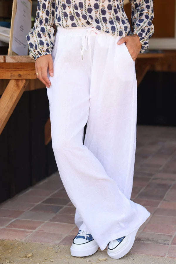 White Lightweight Cotton Wide Leg Pants