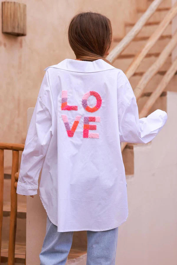 White “LOVE” Slouchy Button-Down Shirt