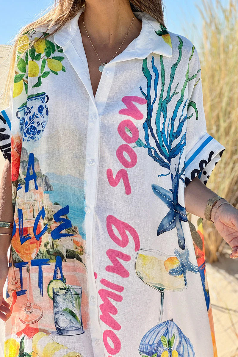 White Mediterranean Summer Poplin Shirt Dress
