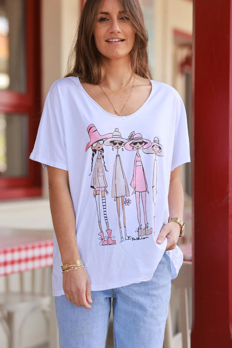 White pink “Vacation Girlfriends” V-Neck Tee