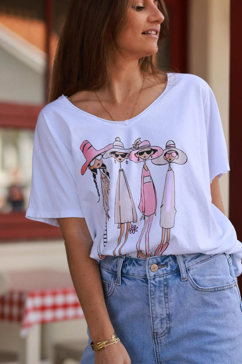 White pink “Vacation Girlfriends” V-Neck Tee