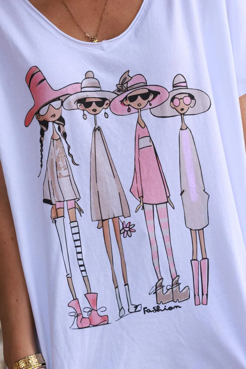 White pink “Vacation Girlfriends” V-Neck Tee