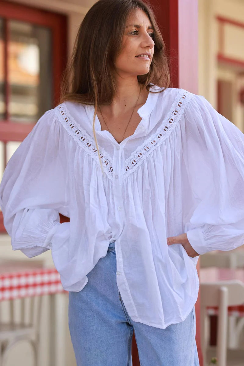 White Pleated Cotton Prairie Blouse