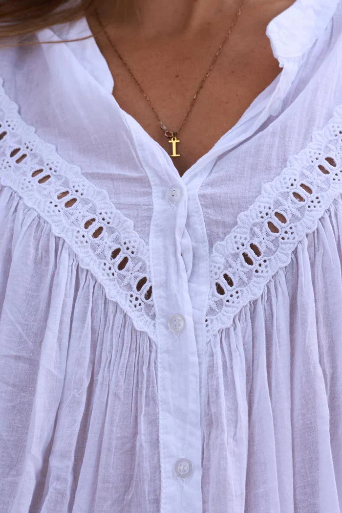 White Pleated Cotton Prairie Blouse