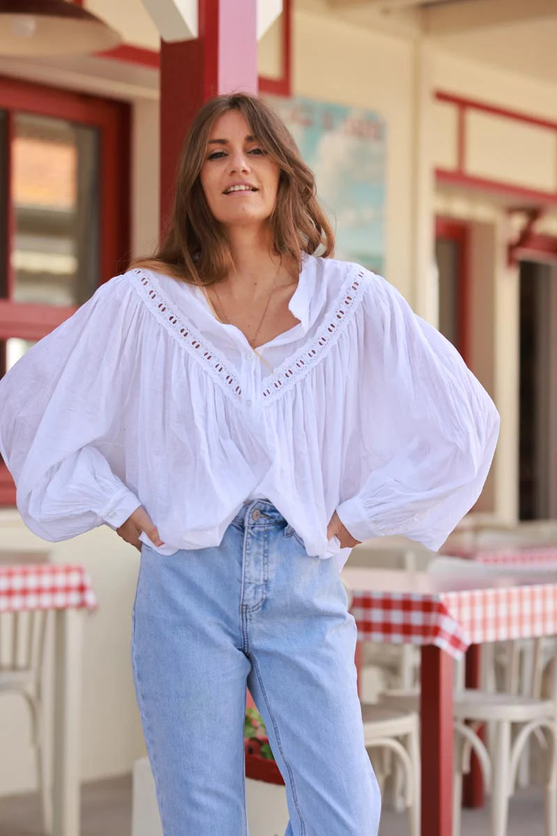 White Pleated Cotton Prairie Blouse