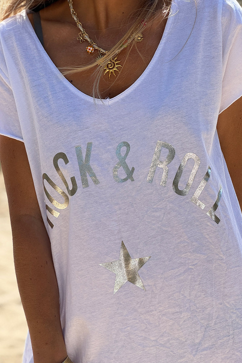 White 'Rock and Roll' Cotton Maxi Dress