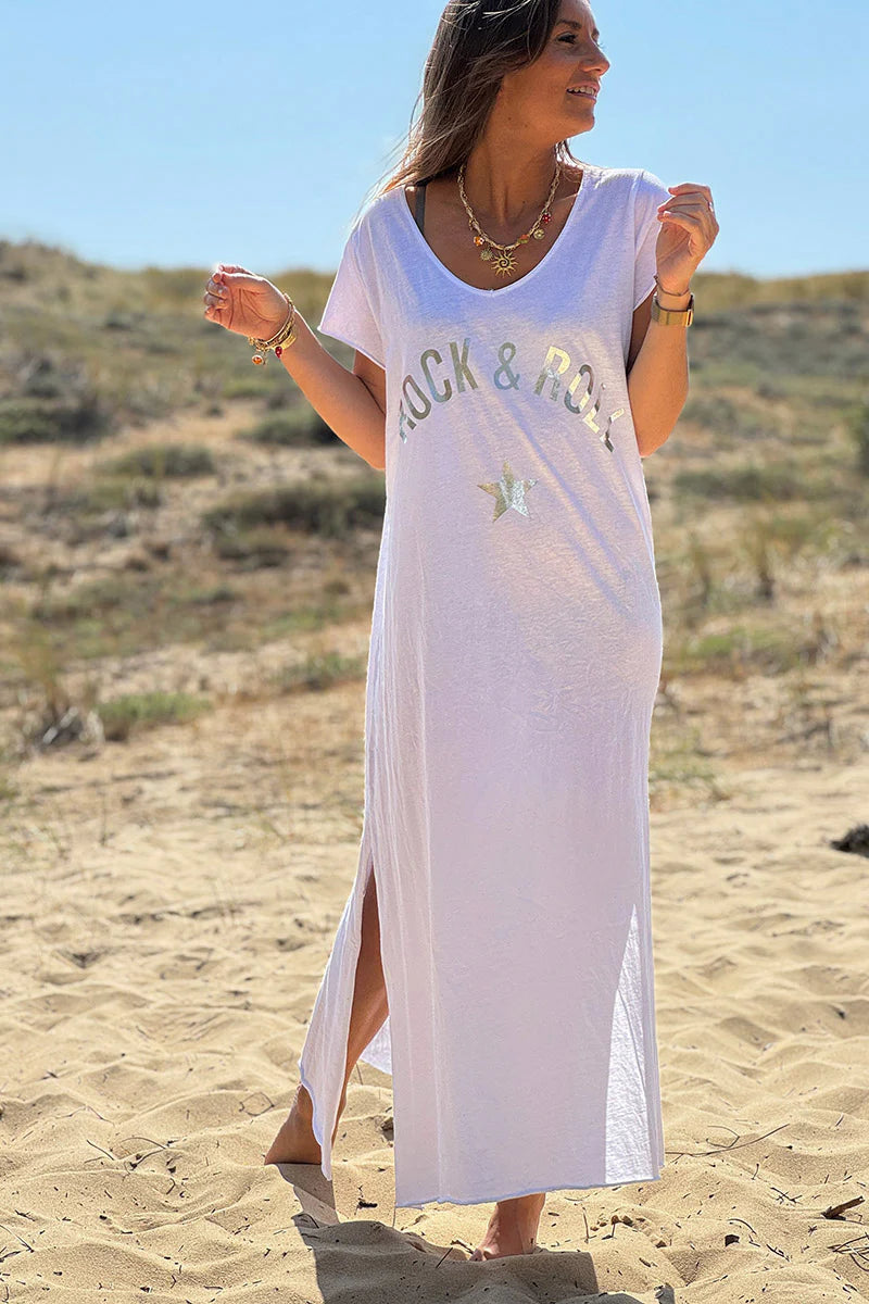 White 'Rock and Roll' Cotton Maxi Dress
