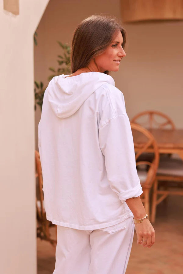 White Satin Stripe Stretch Knit Zip Hoodie