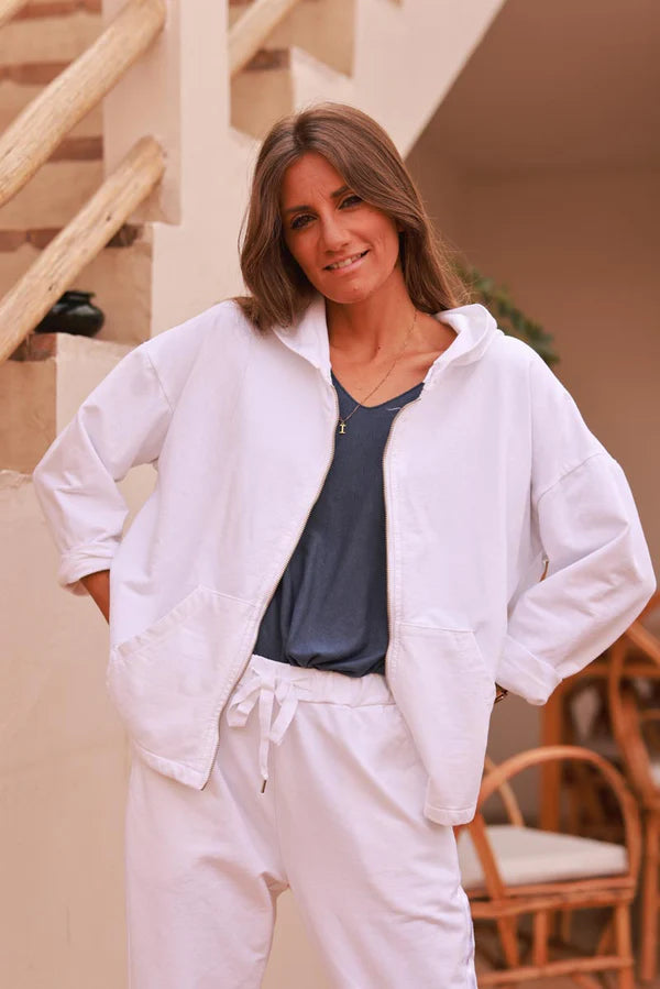 White Satin Stripe Stretch Knit Zip Hoodie