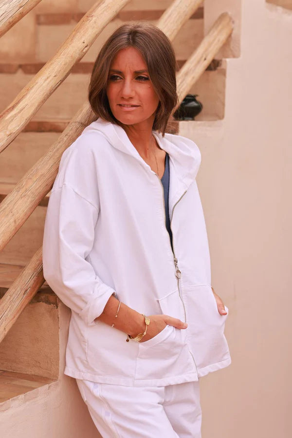 White Satin Stripe Stretch Knit Zip Hoodie