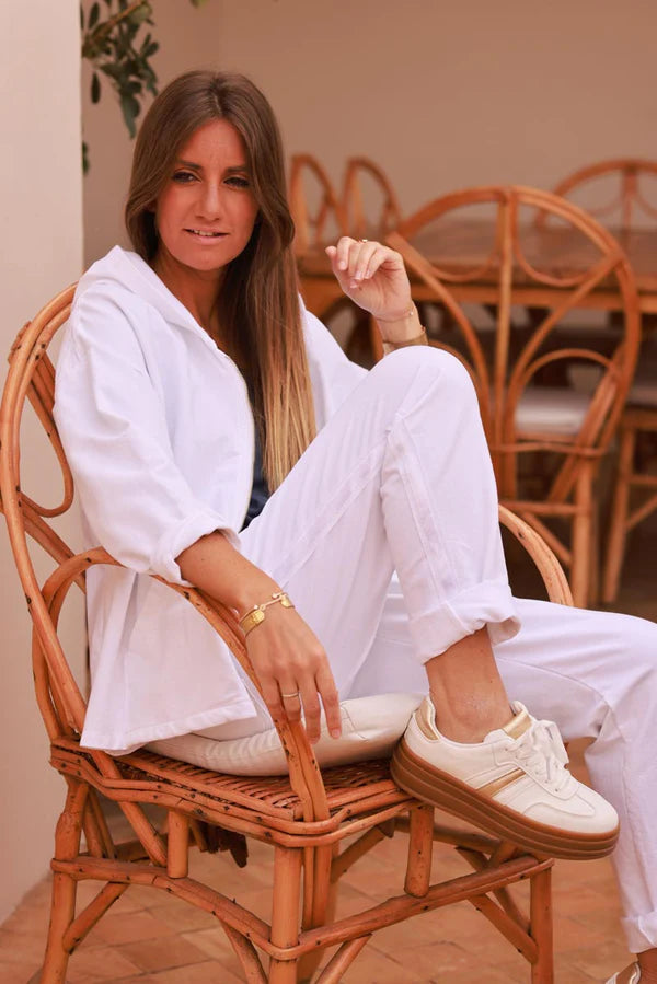 White Satin Stripe Stretch Knit Zip Hoodie