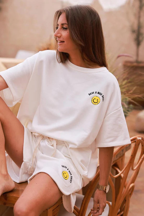 White Smiley Face Jersey Knit Tee