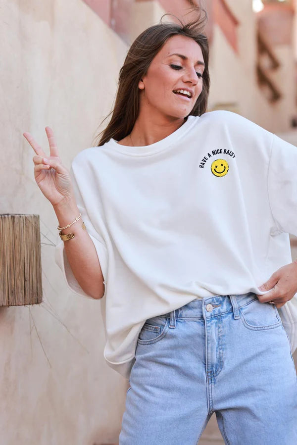 White Smiley Face Jersey Knit Tee