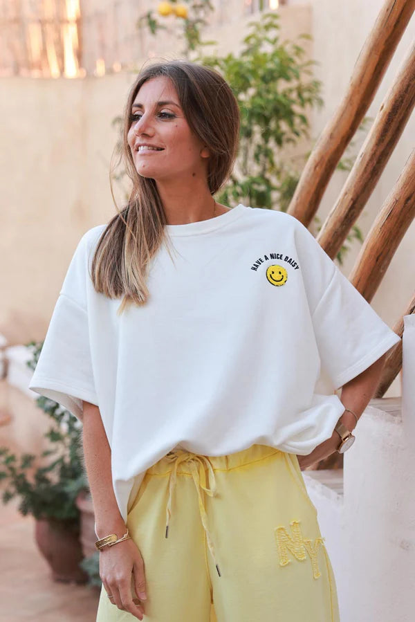 White Smiley Face Jersey Knit Tee