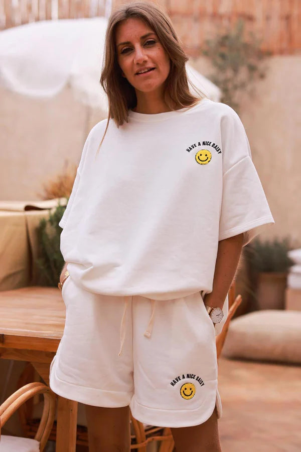 White Smiley Face Jersey Knit Tee