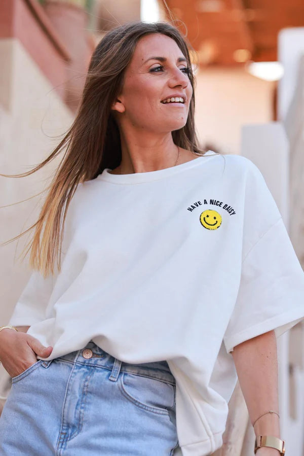 White Smiley Face Jersey Knit Tee