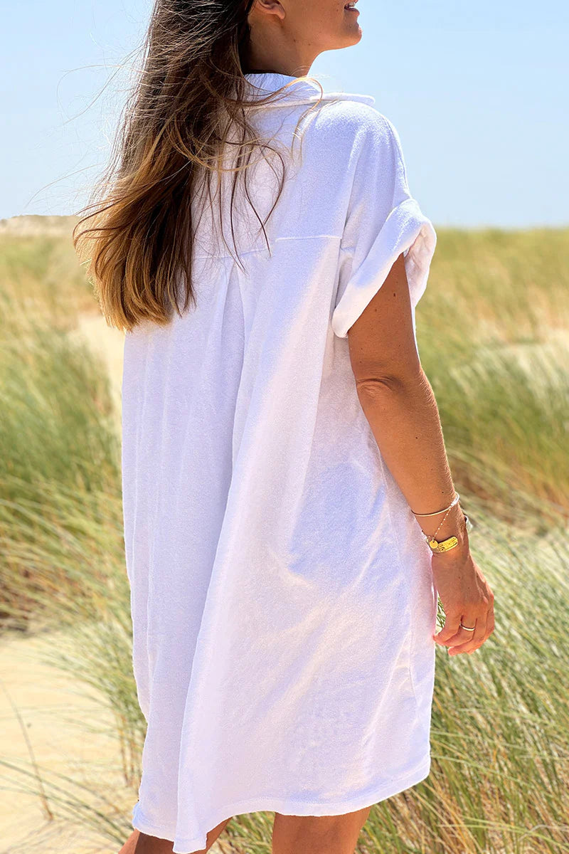 White Terry Cloth Button-Down Shirt Dress