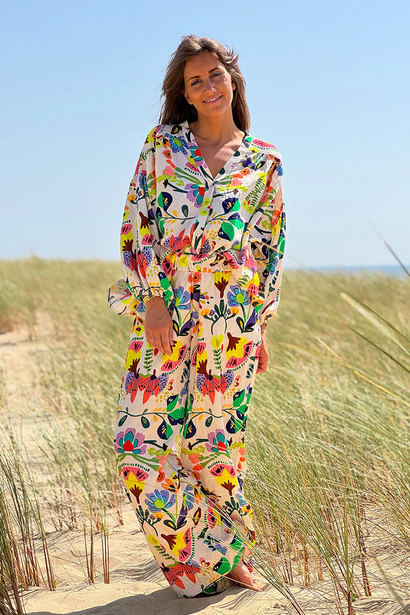 White Tropical Garden Wide-Leg Pants