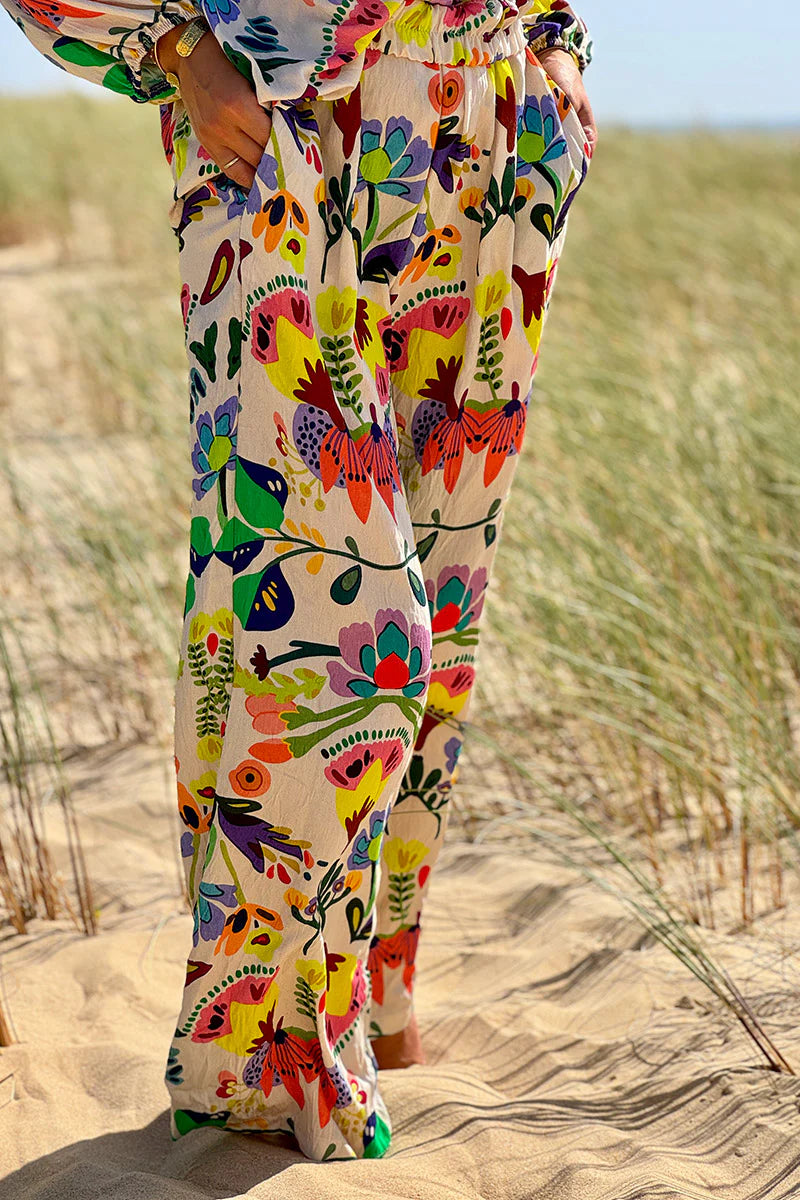 White Tropical Garden Wide-Leg Pants