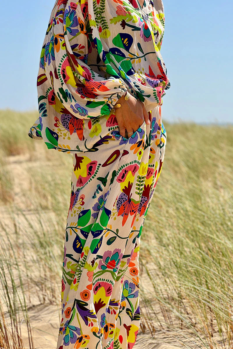 White Tropical Garden Wide-Leg Pants