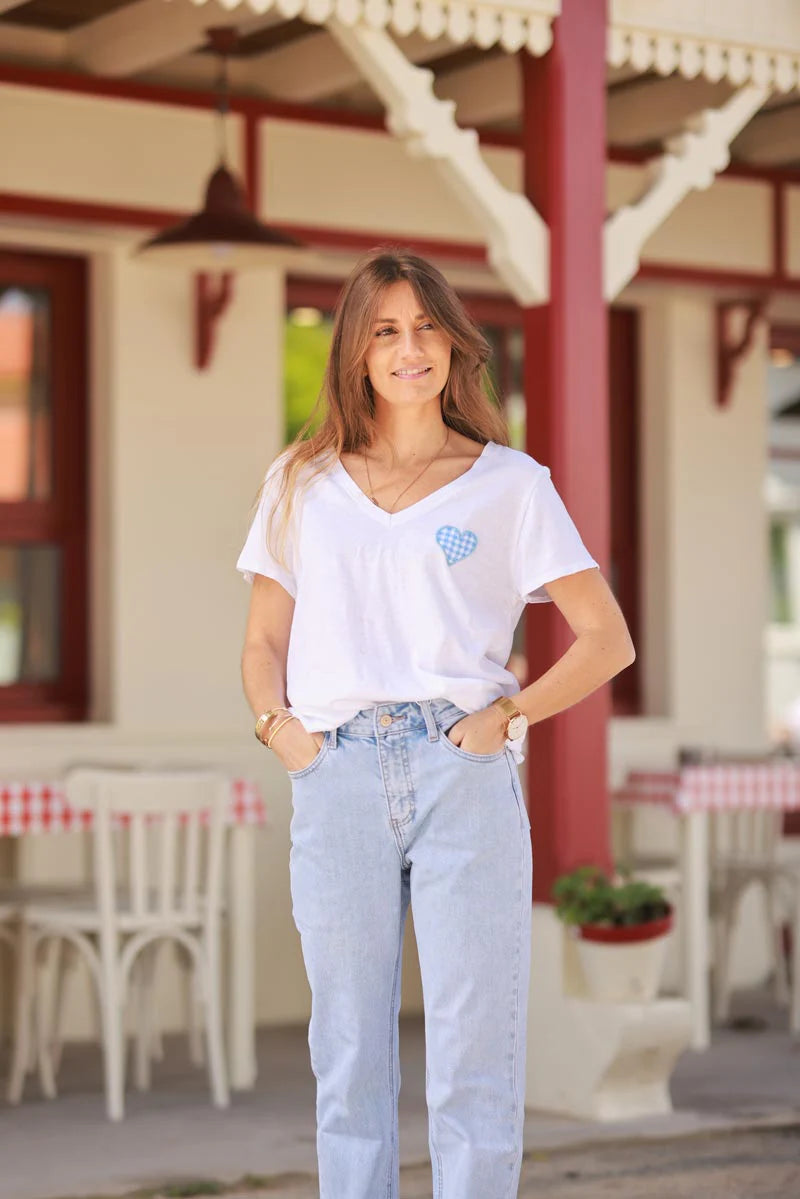 White V-Neck Tee with Blue Gingham Heart