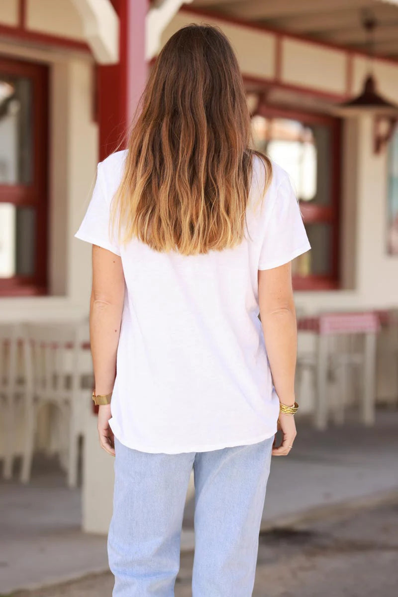 White V-Neck Tee with Blue Gingham Heart