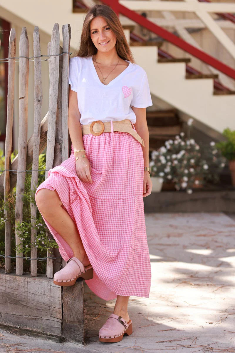 White V-Neck Tee with Pink Gingham Heart