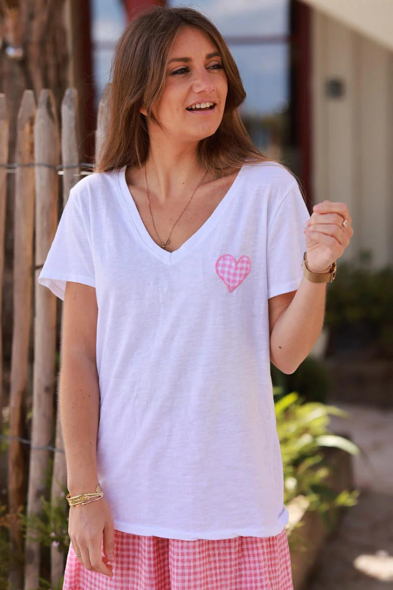 White V-Neck Tee with Pink Gingham Heart