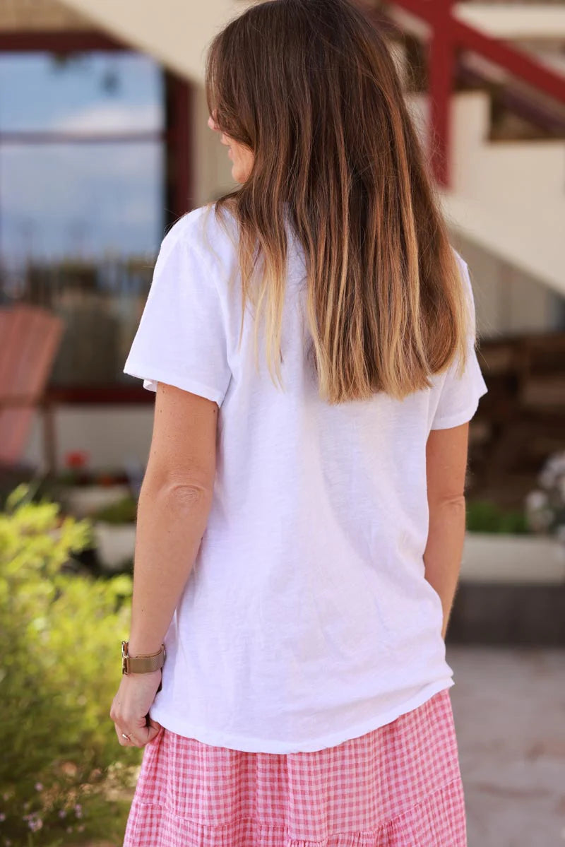 White V-Neck Tee with Pink Gingham Heart