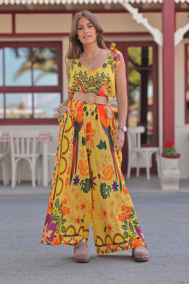 Yellow Batik Parrots Viscose Jumpsuit