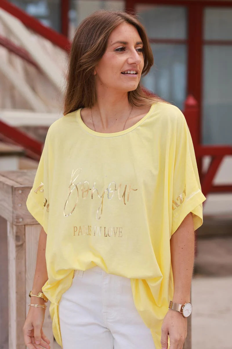 Yellow “Bonjour” French Scoop Neck Tee