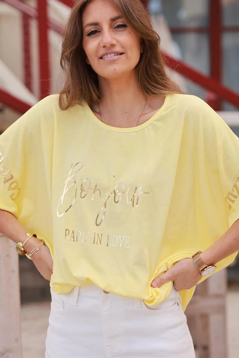 Yellow “Bonjour” French Scoop Neck Tee