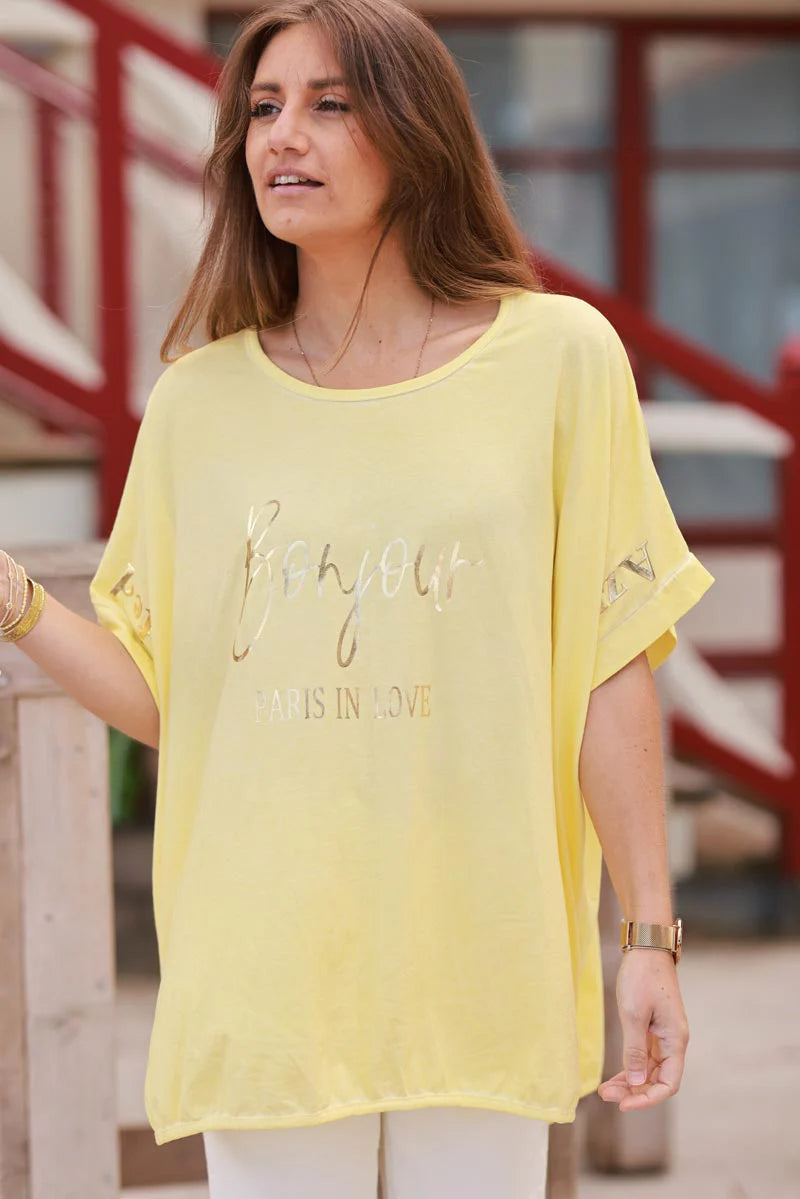 Yellow “Bonjour” French Scoop Neck Tee