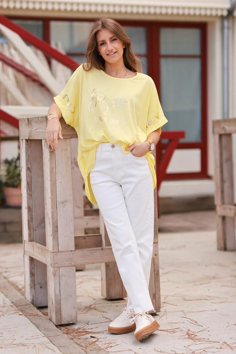 Yellow “Bonjour” French Scoop Neck Tee