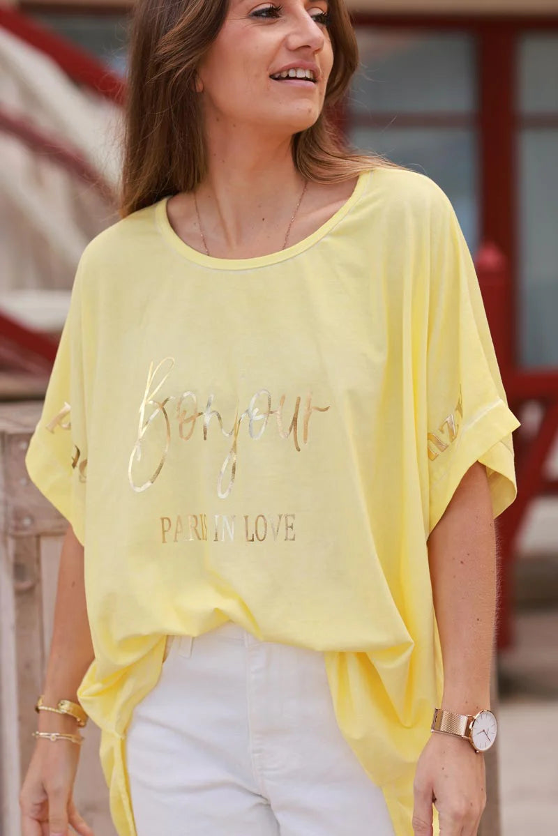 Yellow “Bonjour” French Scoop Neck Tee