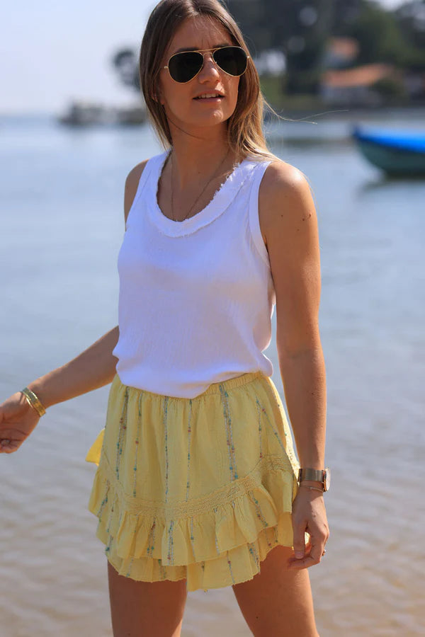 Yellow layered frill woven cotton skort with metallic and colored threads