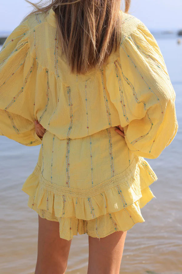 Yellow layered frill woven cotton skort with metallic and colored threads