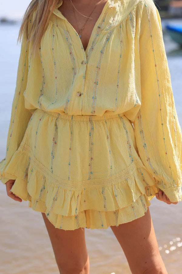 Yellow layered frill woven cotton skort with metallic and colored threads